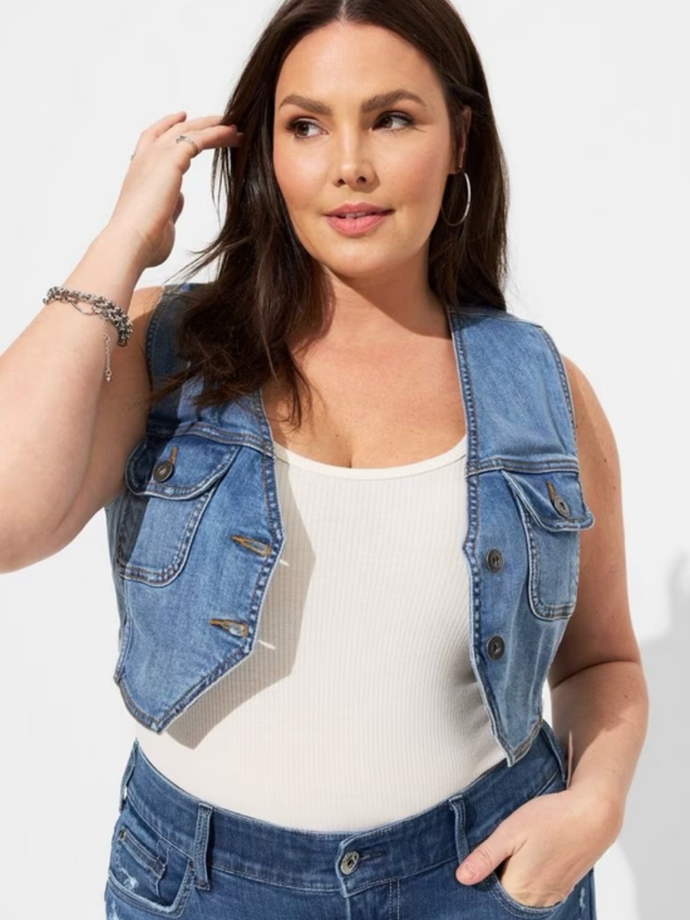NWT Torrid 1X Vintage Denim Vest Cropped Blue Jean V-Neck Waistcoat Boho Retro